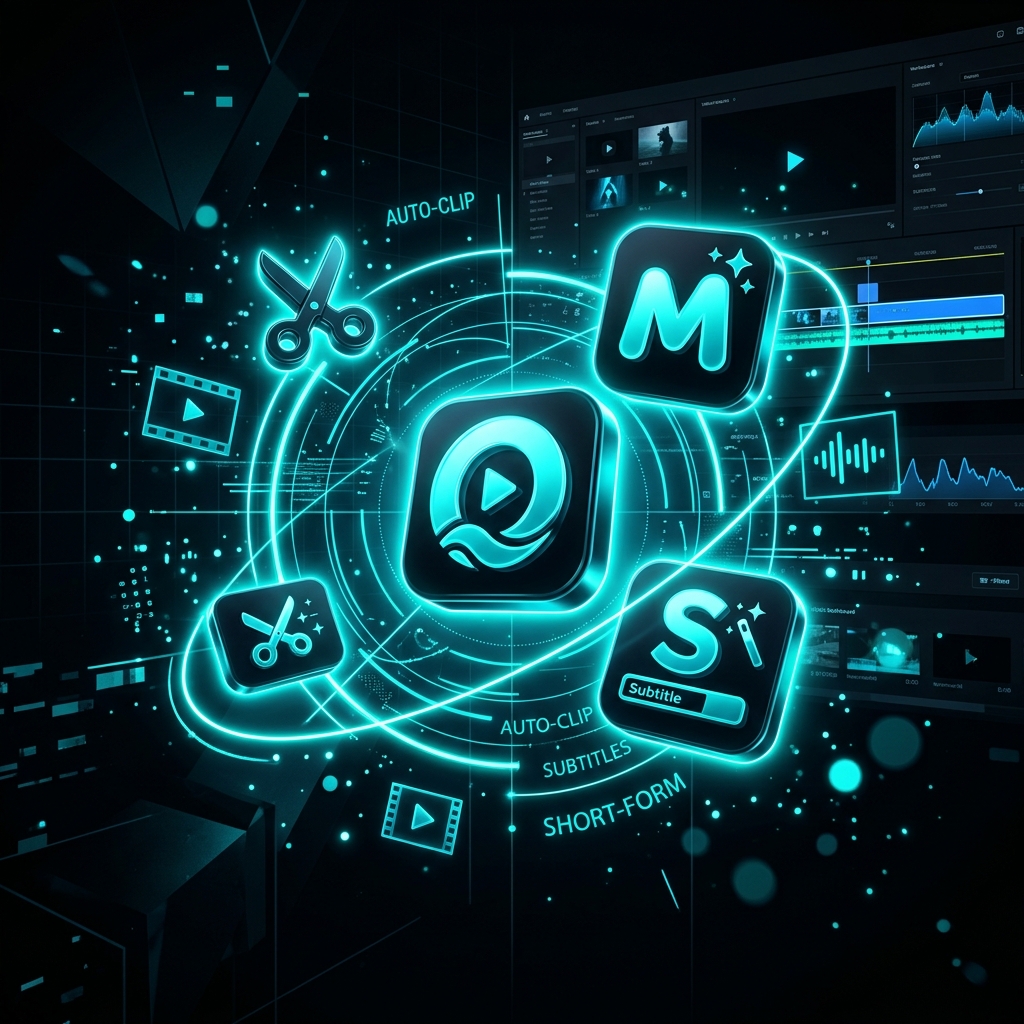 Editorial illustration showing various AI clipping tools icons (Opus, Munch, Submagic) floating in a high-tech workspace