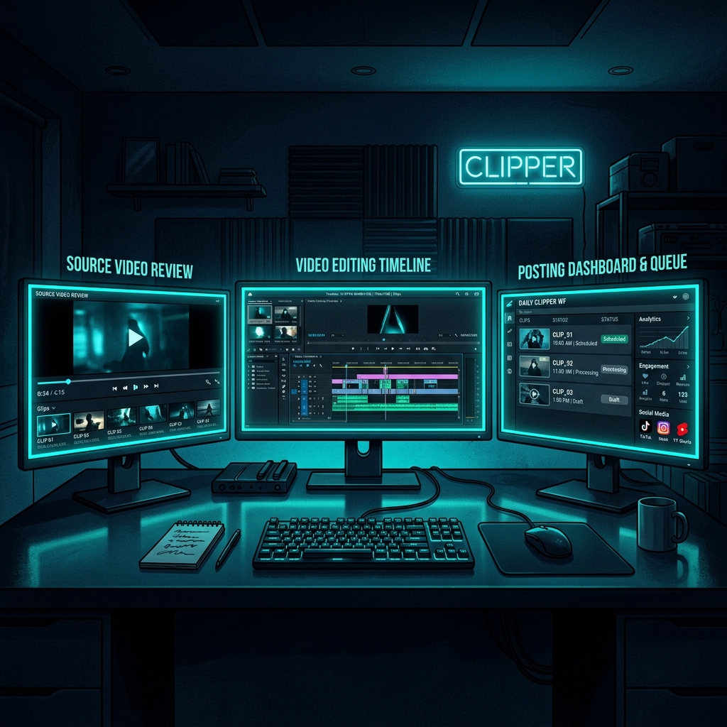A clipper at their desk working through the daily loop — source review on one monitor, editing on another, posting queue on a third — systematic not random