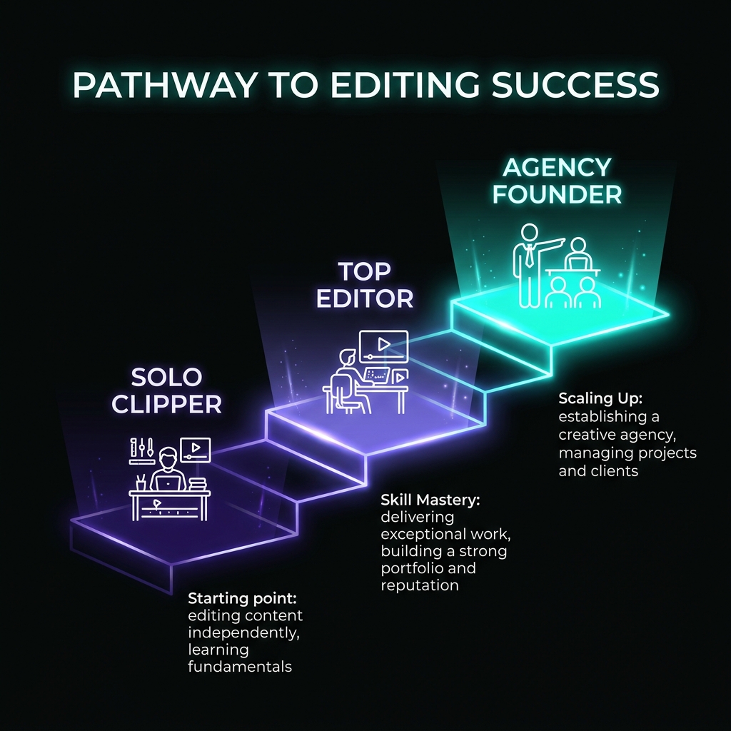 Infographic showing the career progression from Solo Clipper to Agency Founder