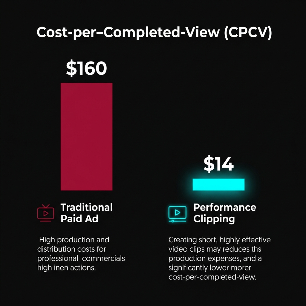 Diagram comparing the cost-per-completed-view of traditional paid ads versus performance clipping campaigns — showing why the economics favor clipping
