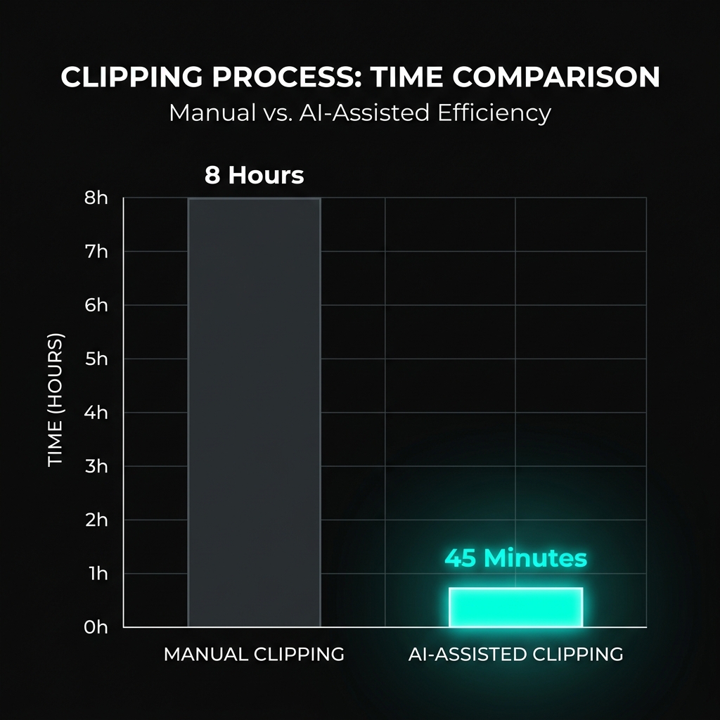 Bar chart comparing content output efficiency: Manual Clipping (8 hours) vs AI-Assisted Clipping (45 minutes)