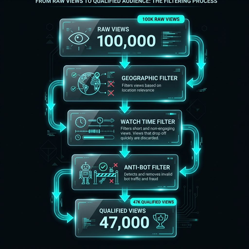 Step-by-step visual showing how 100,000 raw views filter down through geographic, watch-time, anti-bot, and compliance layers to final qualified views and payout