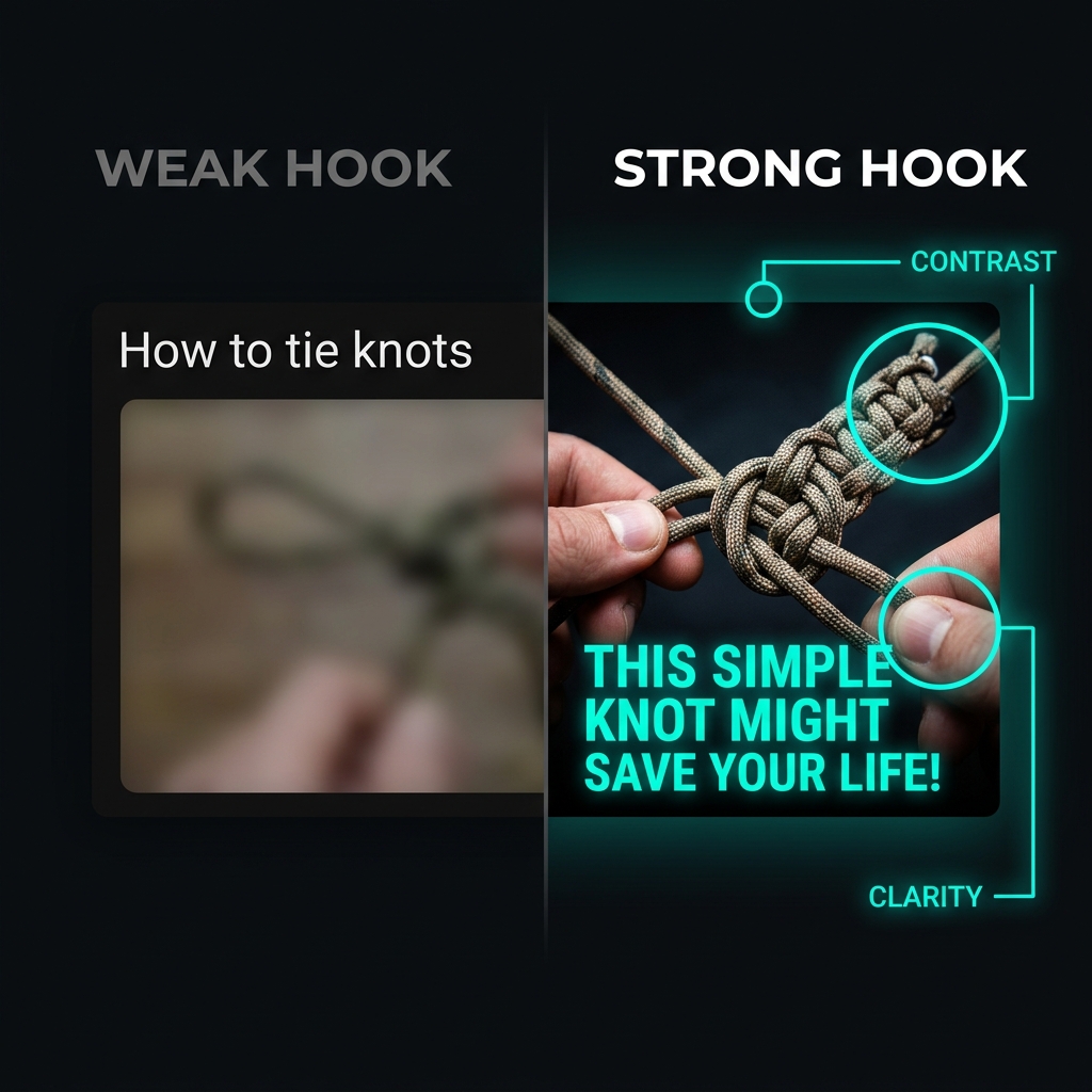 Annotated breakdown of six different hook types across real short-form clips — showing the exact first frame, caption, and audio choice for each hook category