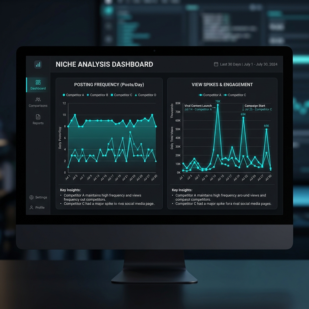 Clipper analyzing content cycle patterns for different niches — comparing posting frequency, view velocity, and content freshness across TikTok niche pages