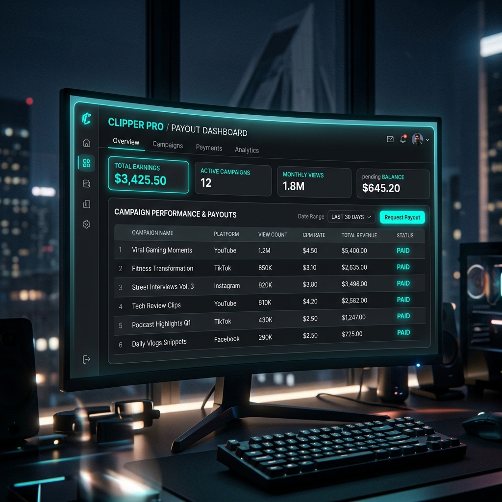 UI Mockup of a professional clipper's campaign payout tracking dashboard
