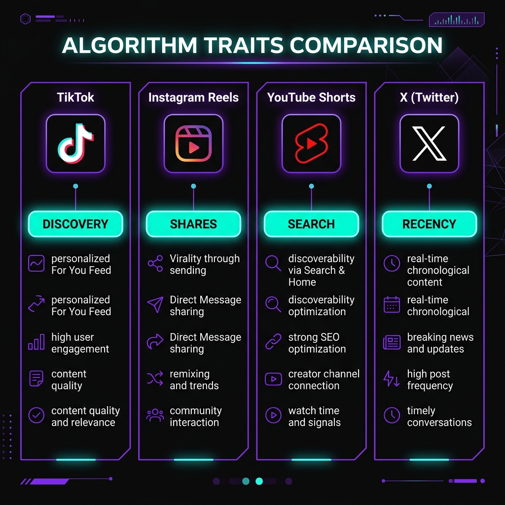 Infographic comparing algorithm traits of TikTok, Instagram, YouTube, and X — showing primary drivers for distribution