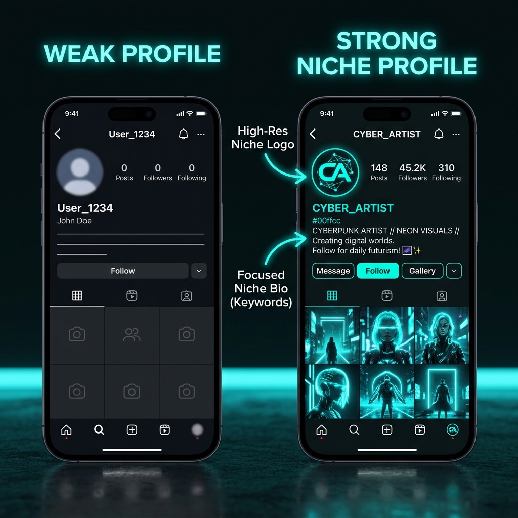 Grid of example clipping page profiles showing strong versus weak username, bio, and profile picture combinations across TikTok and Instagram