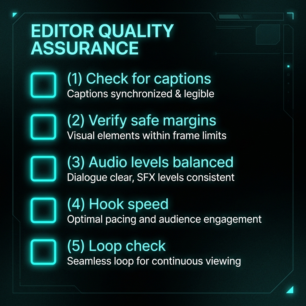 QA session in a clipping operation — reviewer working through a clip batch against a printed checklist, marking approved clips in green and returning problem clips with specific notes