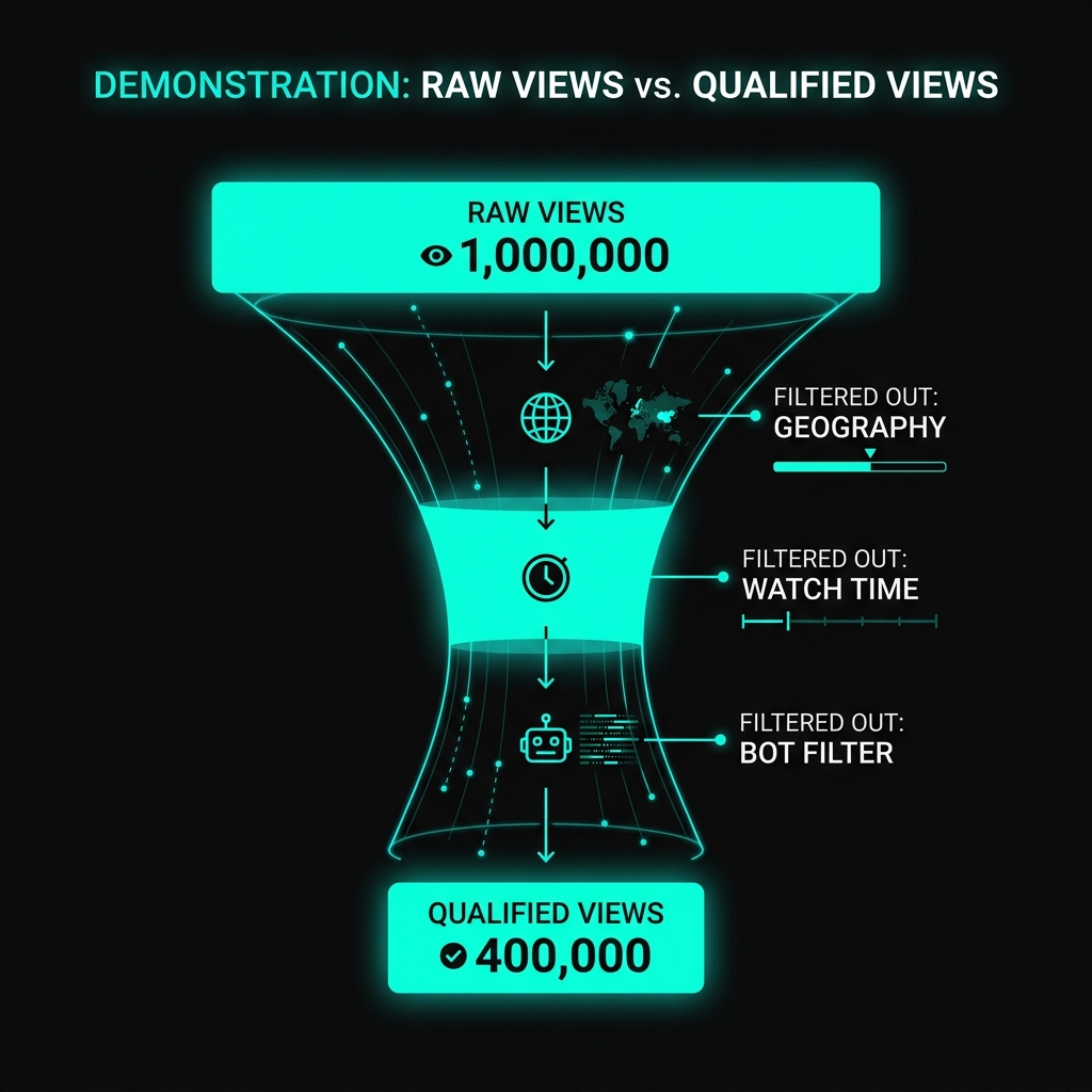 Step-by-step visual filtering 100,000 raw views through geographic weight, watch time, anti-bot, and compliance layers down to 42,300 qualified views — then the final payout