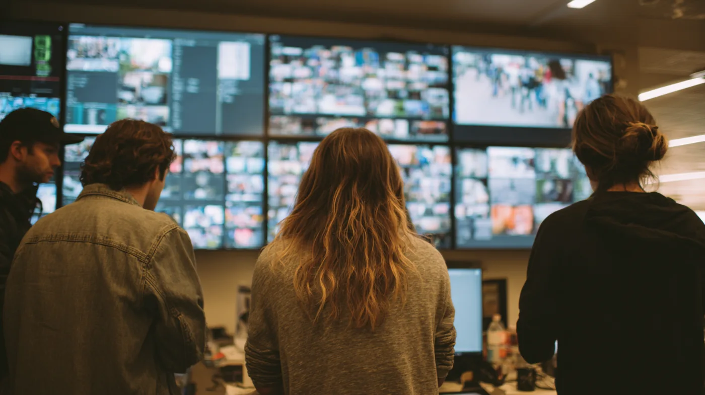 Clipping operation team at work — editor reviewing source material, reviewer checking clips against a quality checklist, operator managing campaign tracking across multiple pages