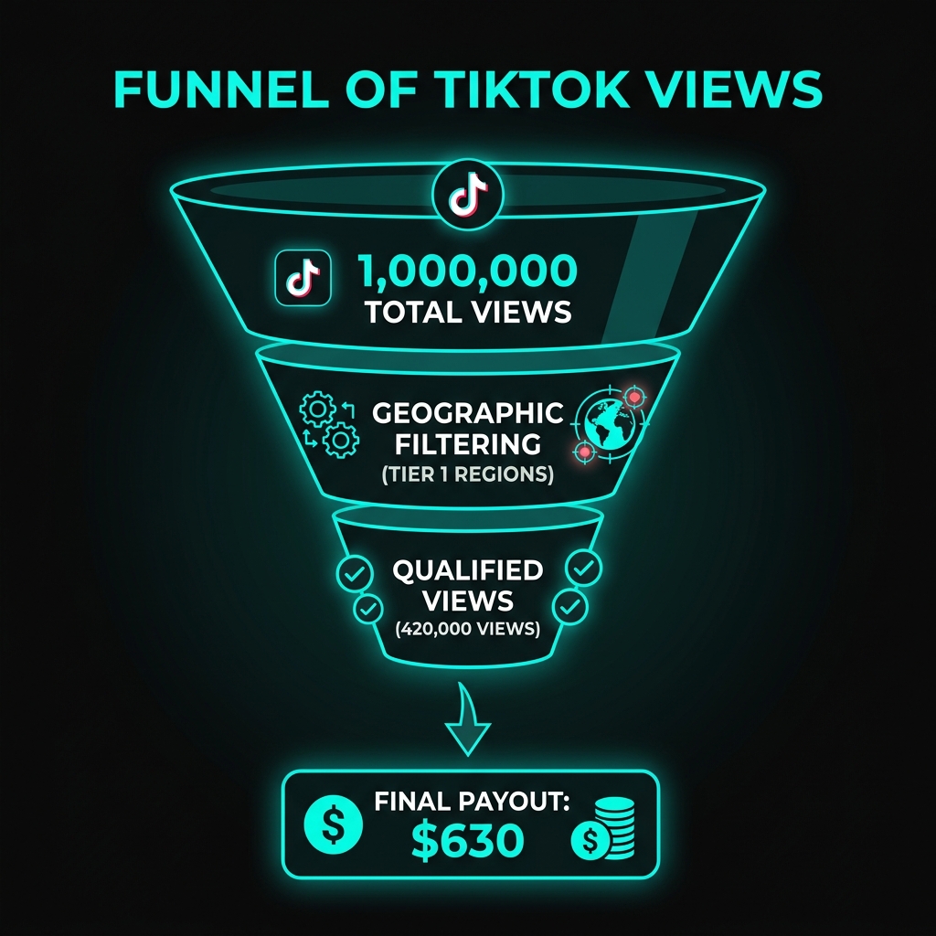 Infographic showing how TikTok views translate from raw impressions to qualified views and final payouts