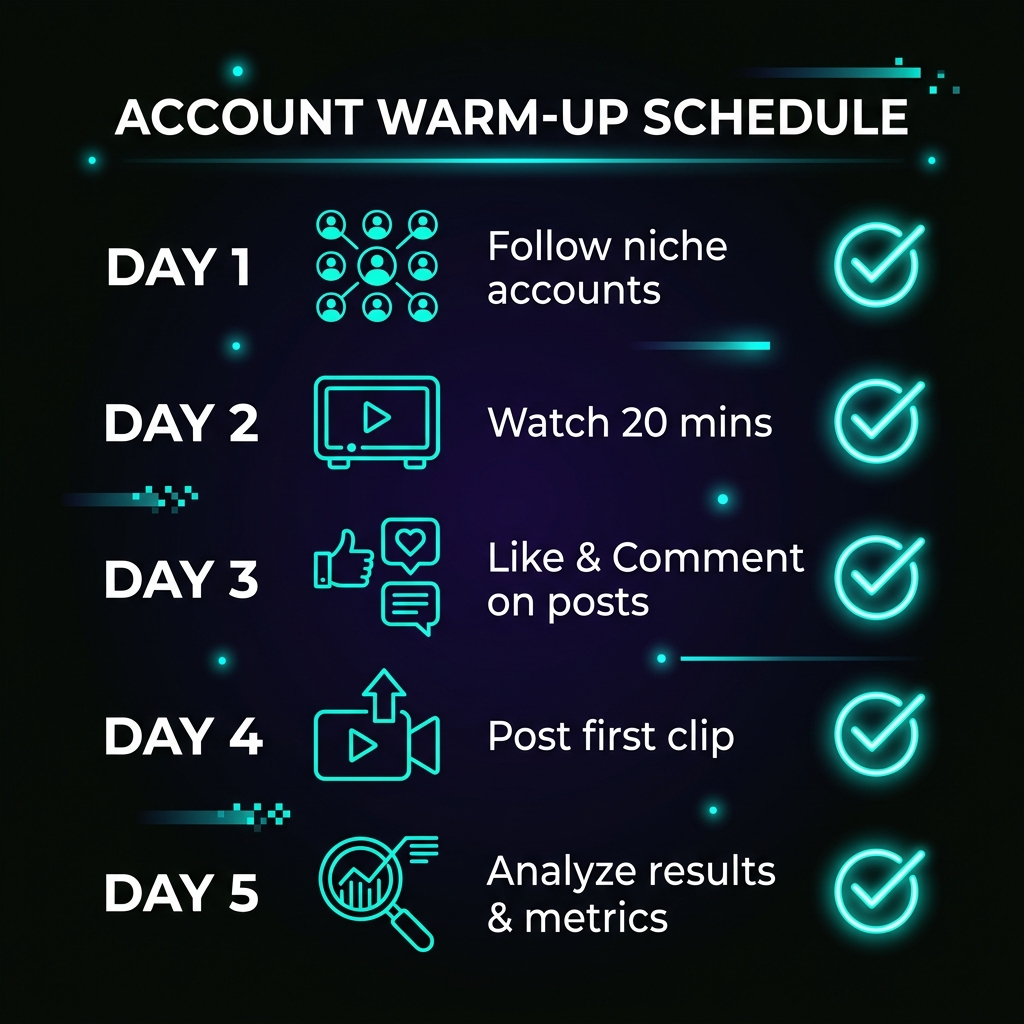 4-day warm-up schedule visual — day by day breakdown from feed initialization through research mode to launch, with clear actions for each stage
