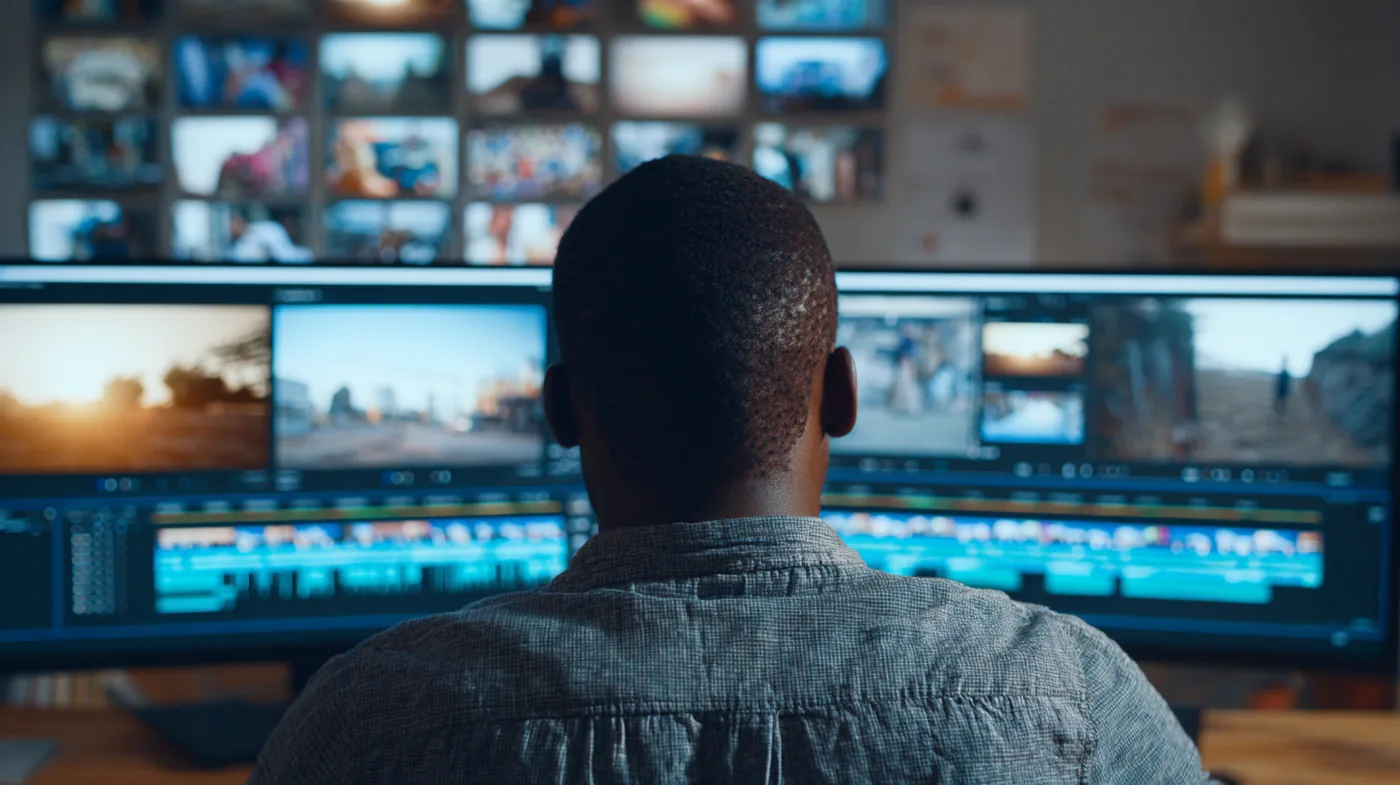 Clipper editing vertical short-form content across multiple screens — source stream on left, editing timeline in center, phone preview on right