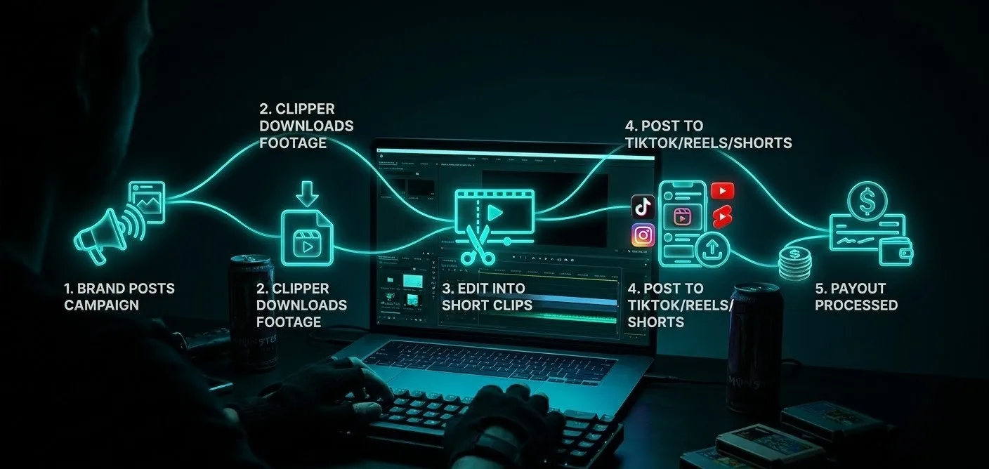 End-to-end diagram of the clipping campaign model — from brand brief to clipper output to qualified view tracking to payout